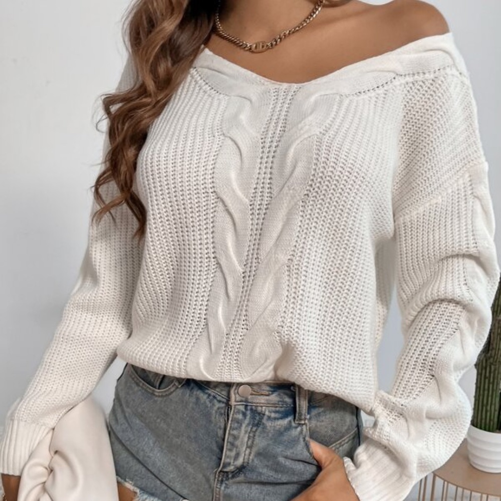 Off White V neck Oversized Chunky Knit Sweater Top - Picture 1 of 4